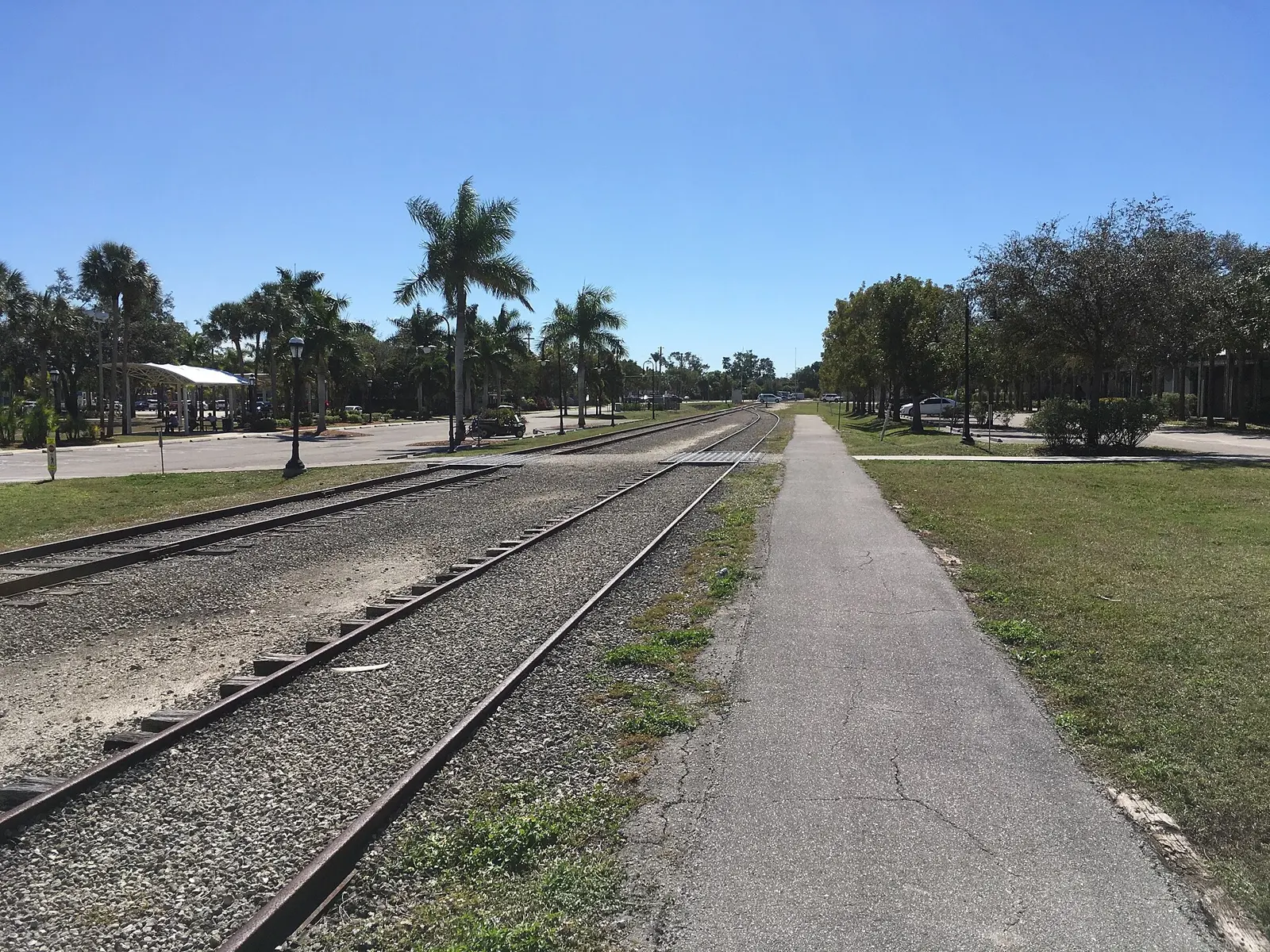 Seminole Gulf track though Downtown Bonita Springs. The platform is all that remains of the Atlantic Coast Line's passenger depot.