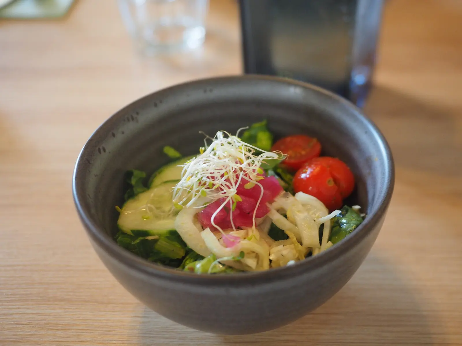 A bowl of salad served as a starter at restaurant Ajuri in central Loviisa, Finland in September 2025.