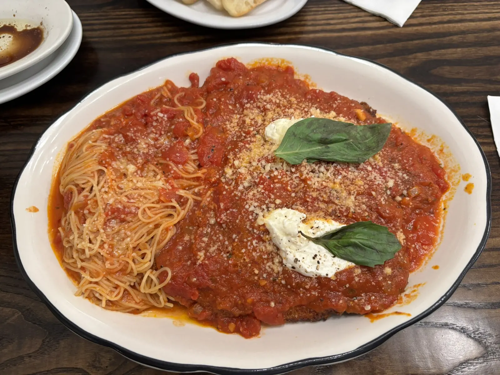 Chicken Parmigiana with angel hair pasta, Francesco's Italian Restaurant, Helen, White County, Georgia