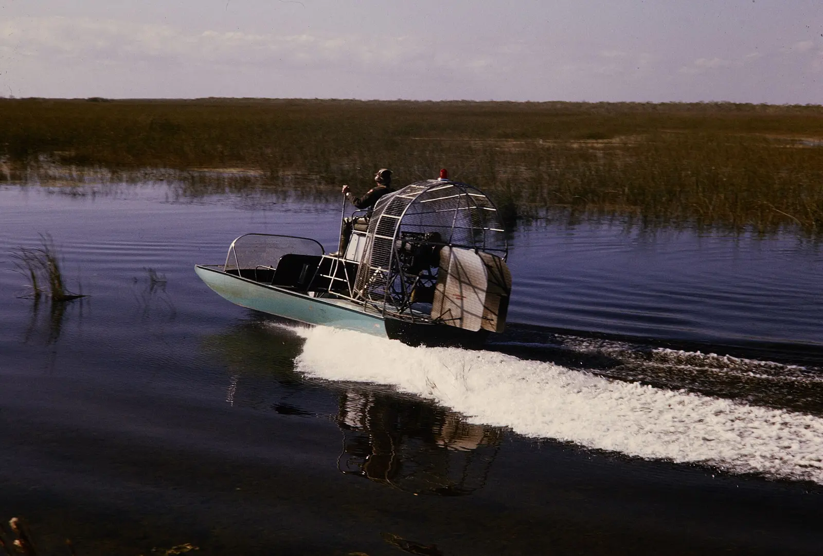 NPS employee riding on an airboat in Everglades National Park. Keywords: nps staff; plant; river; boat; NPS Personnel; (NPS History Collection Themes); Flora; Transportation