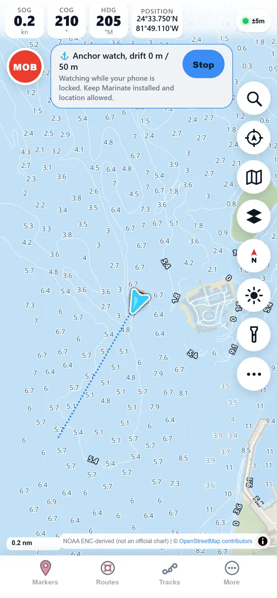 Screenshot of the Marinate marine navigation app on an iPhone, showing the anchor alarm watching a boat anchored off Key West, Florida, near Sunset Key, with water depths...