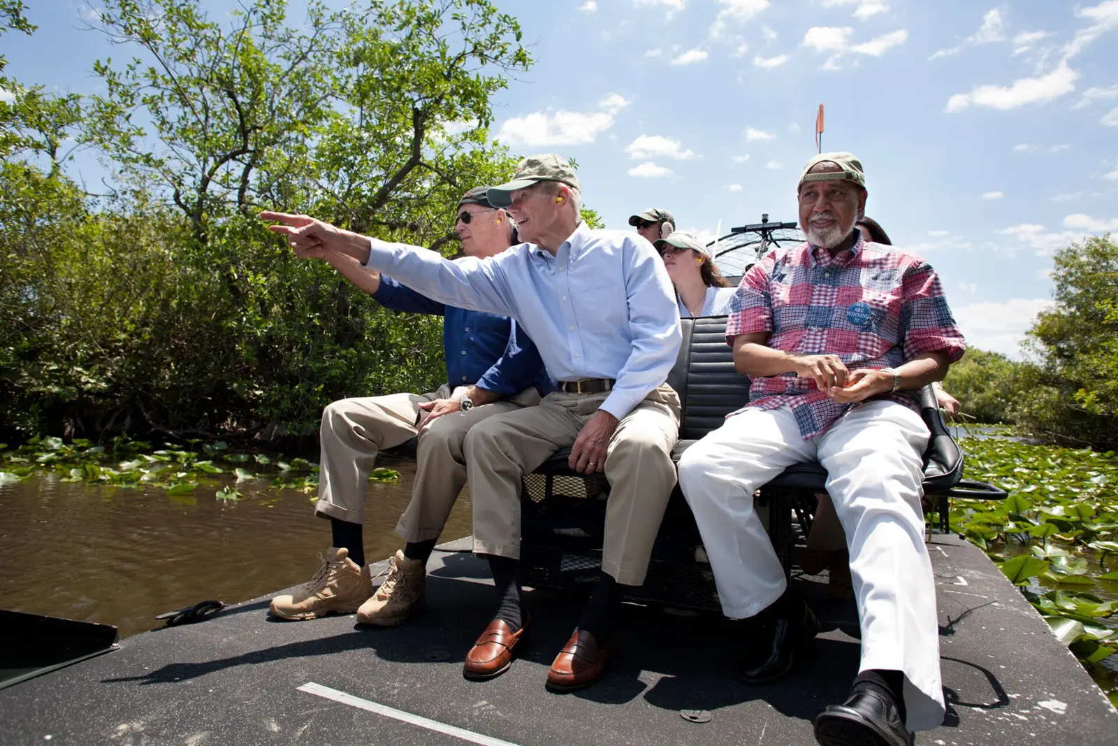 Vice President Joe Biden, Senator Bill Nelson, and Congressman Alcee Hastings take an airboat tour of the Everglades outside Miami, Florida, April 23, 2012. Also pictured are...