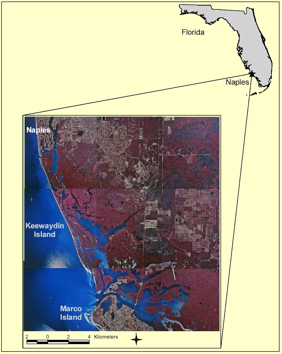 Overhead view of Keewaydin Island between the Gulf and the bay